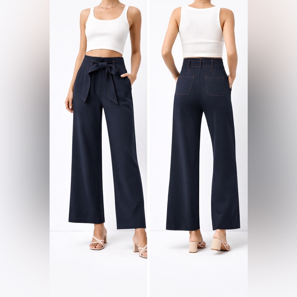 Anthropologie Maeve High Waist Wide Leg Trousers Black Tie Waist Pants Size 8